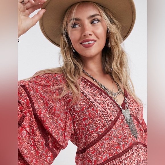 Free People Boho Dress Luna Scarf Print Red Coastal Cowgirl Balloon Sleeves XS - Picture 3 of 15